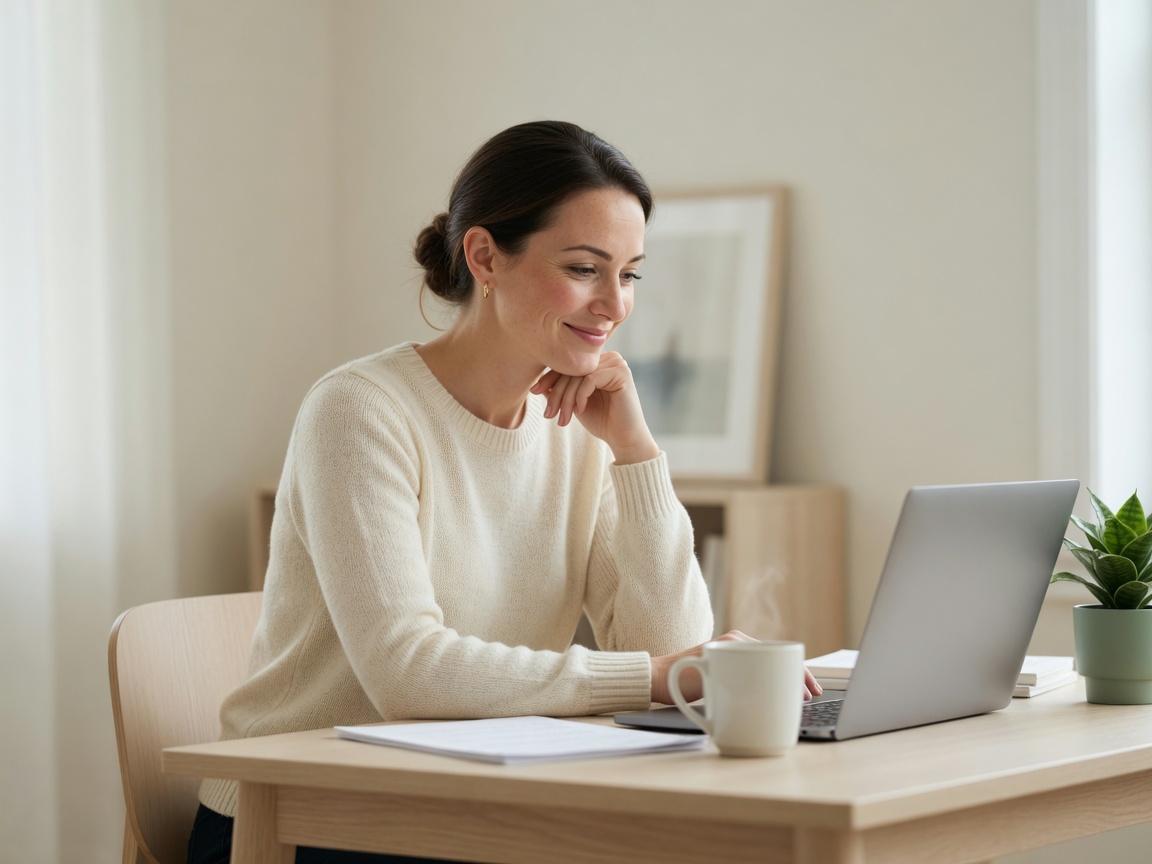 Advisor in a cream knit sweater studying a laptop at a pale oak desk