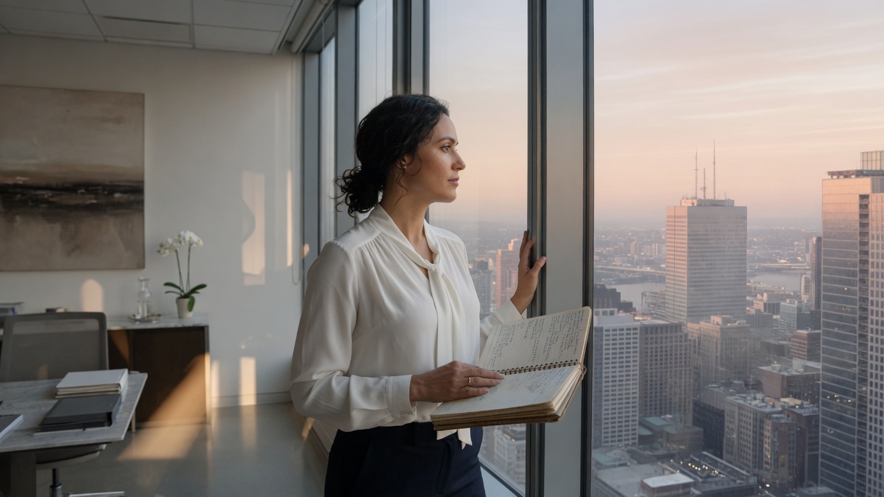 Woman standing by a high-rise window with a notebook