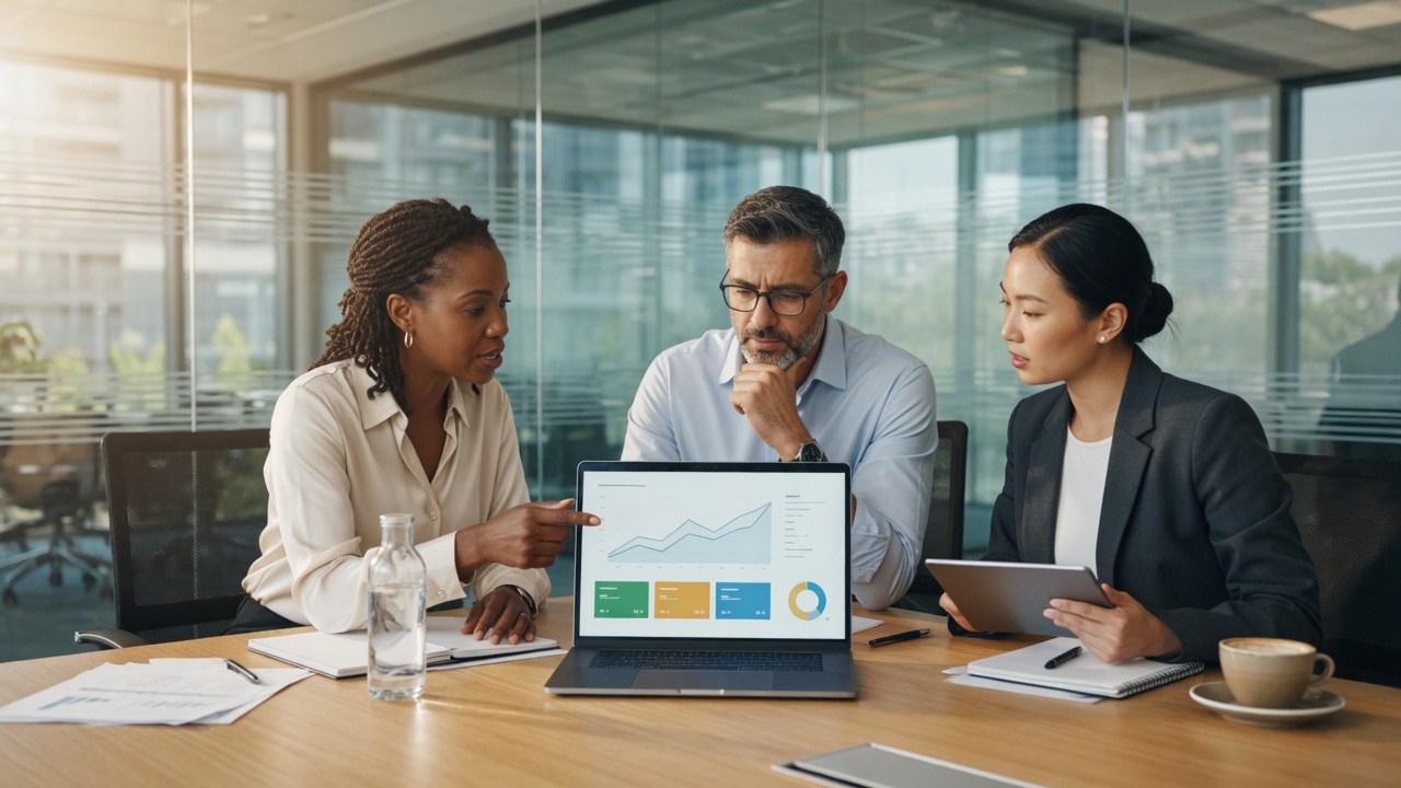 Three colleagues reviewing a laptop in a meeting room