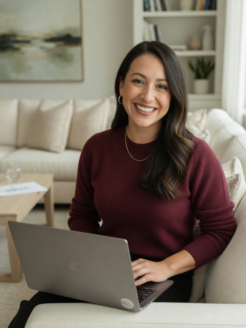 Amelia Rowe, audit director, with a laptop