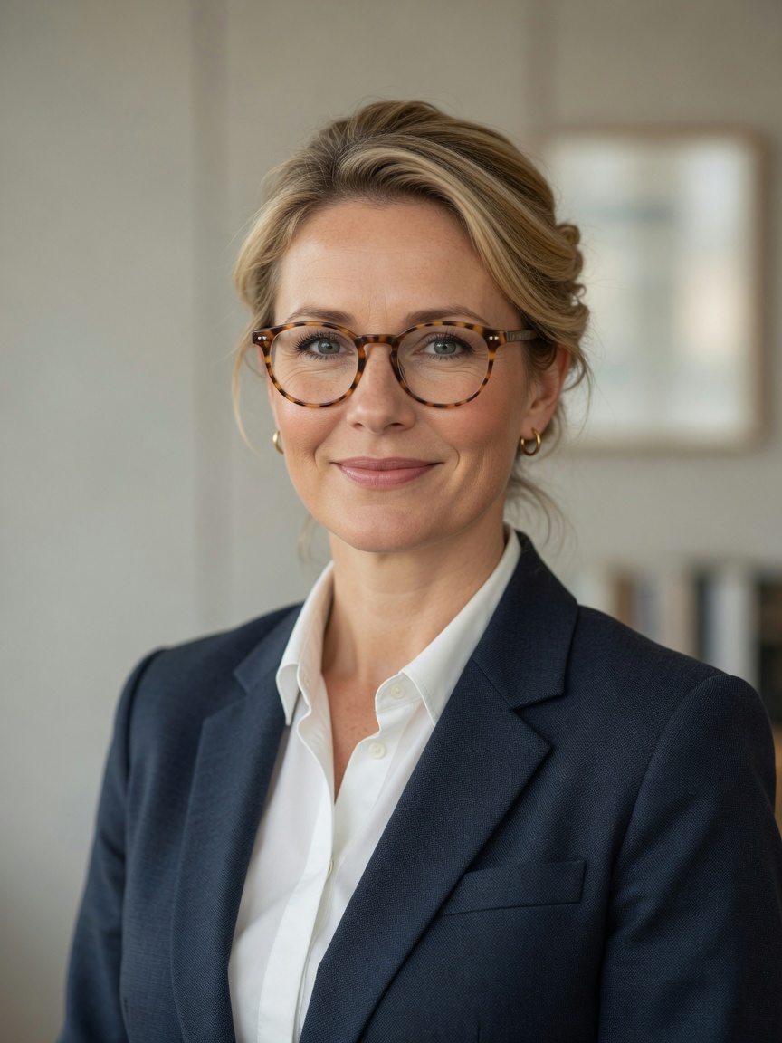 Elena Hart, managing partner, in a navy blazer