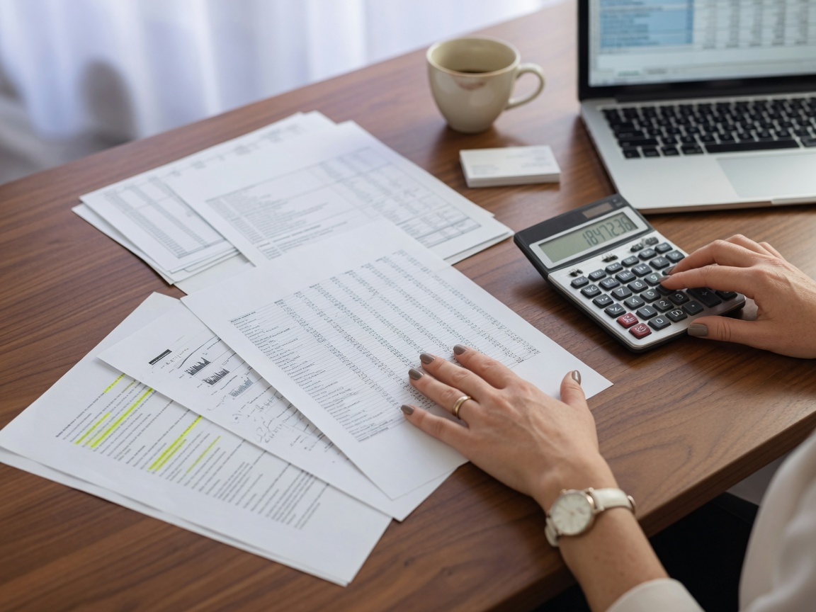 Hands reviewing printed reports beside a calculator