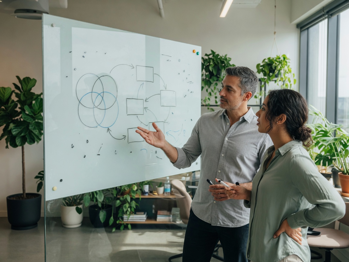 Two colleagues discussing a simple diagram on a glass board