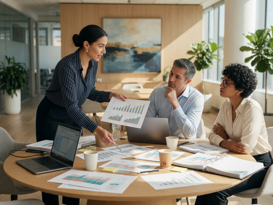 Workshop around printed charts at a round office table