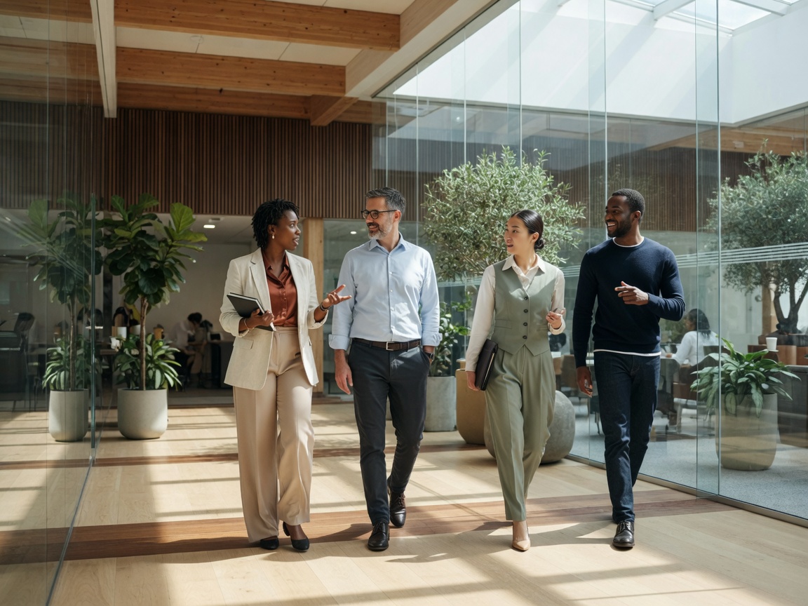 A small professional team walking through a sunlit office atrium